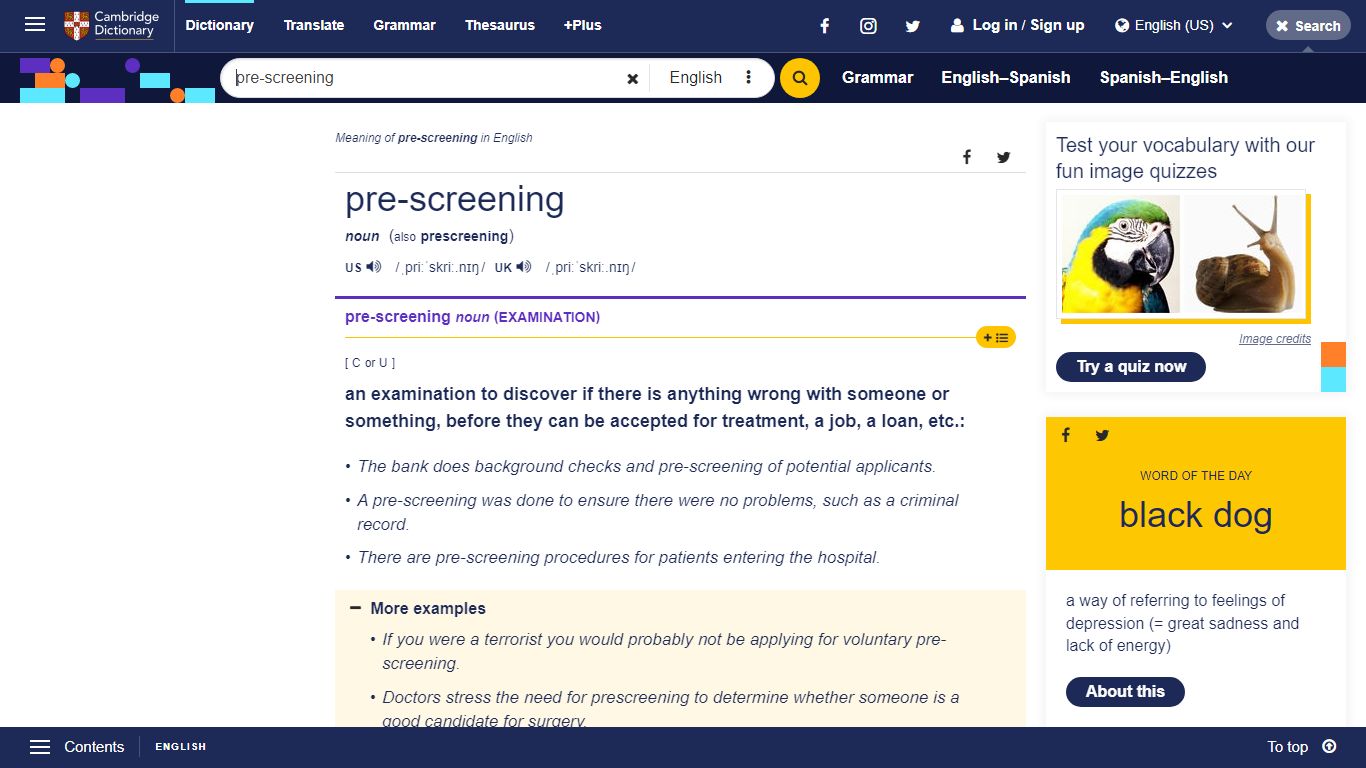 PRE-SCREENING | definition in the Cambridge English Dictionary